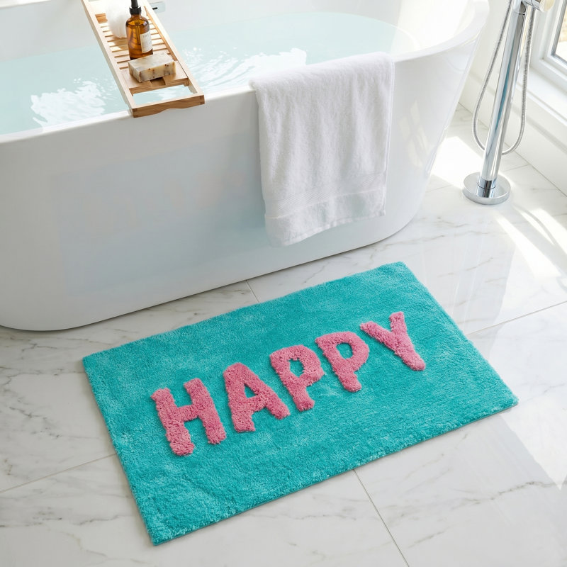 Happy Slogan Rectangle Bath Mat, Turquoise