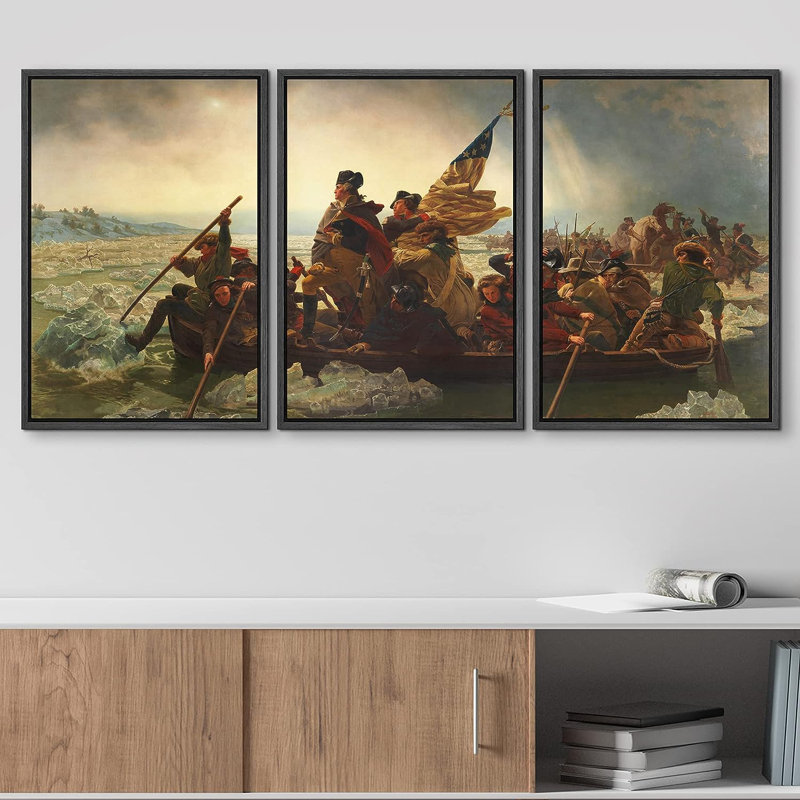 Washington Crossing The Delaware 3 pièces par Emanuel Leutze, Cadre en plastique noir, H 24 po x l 16 po x P 1,5 po