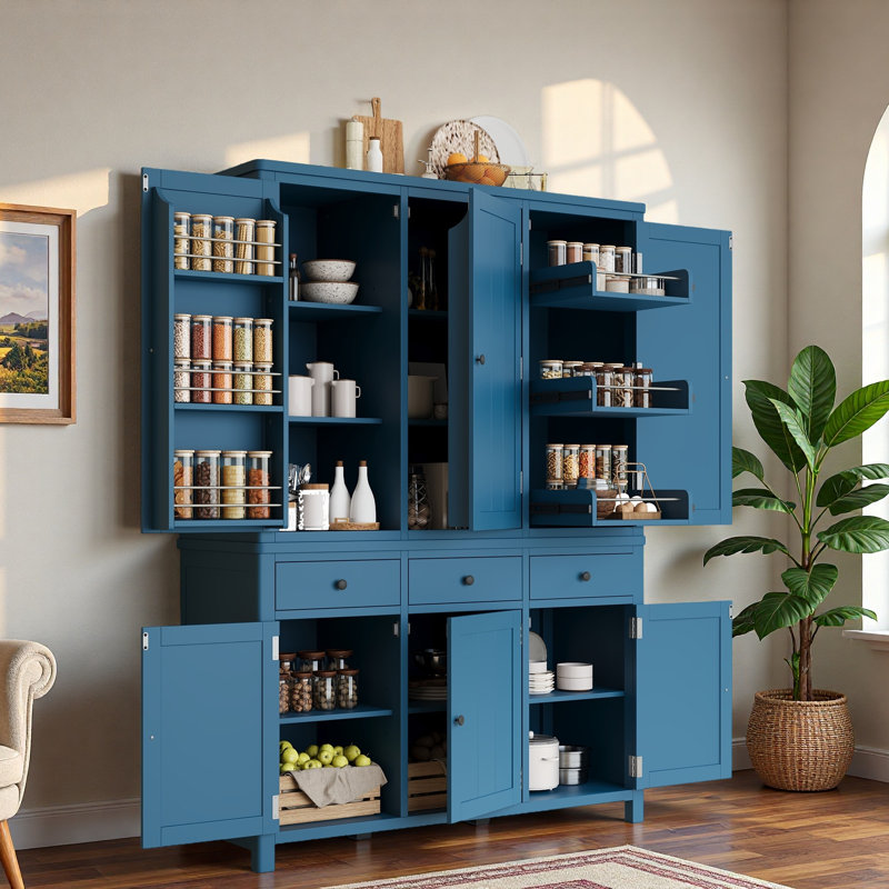 Garde-manger autoportant Farmhouse avec tablettes de porte, tablettes réglables, plateaux coulissants et tiroirs, Bleu
