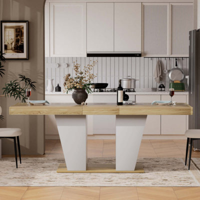 Table de salle à manger extensible de style rustique, 8 à 10 couverts, avec étagères de rangement de chaque côté, table de cuisine extensible en bois de style moderne du milieu du siècle