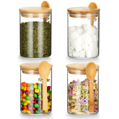 Set Of 4 Airtight Glass Jars With Bamboo Lids & Spoons, 17 Oz Borosilicate Overnight Oats Containers With Lids, Clear Food Storage Canister