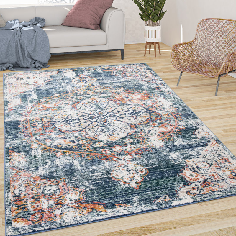 Tapis oriental bleu / crème / orange, Rectangle 5 pi 3 po x 7 pi 7 po