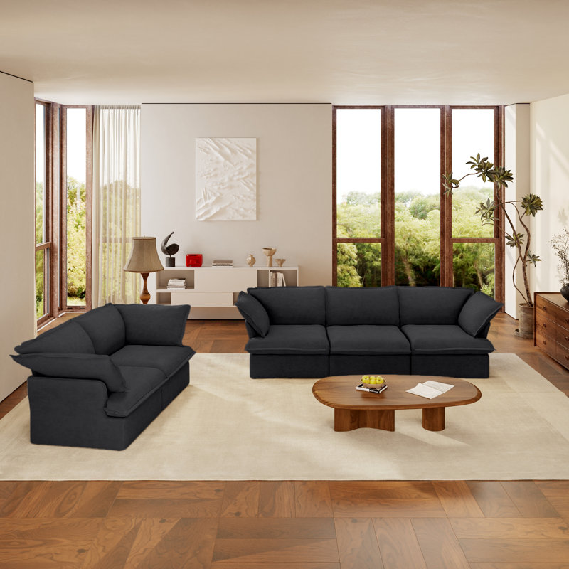 Ensemble de salon modulaire 2 pièces avec canapé à housse modulaire, Mélange de lin de couleur naturelle, Noir