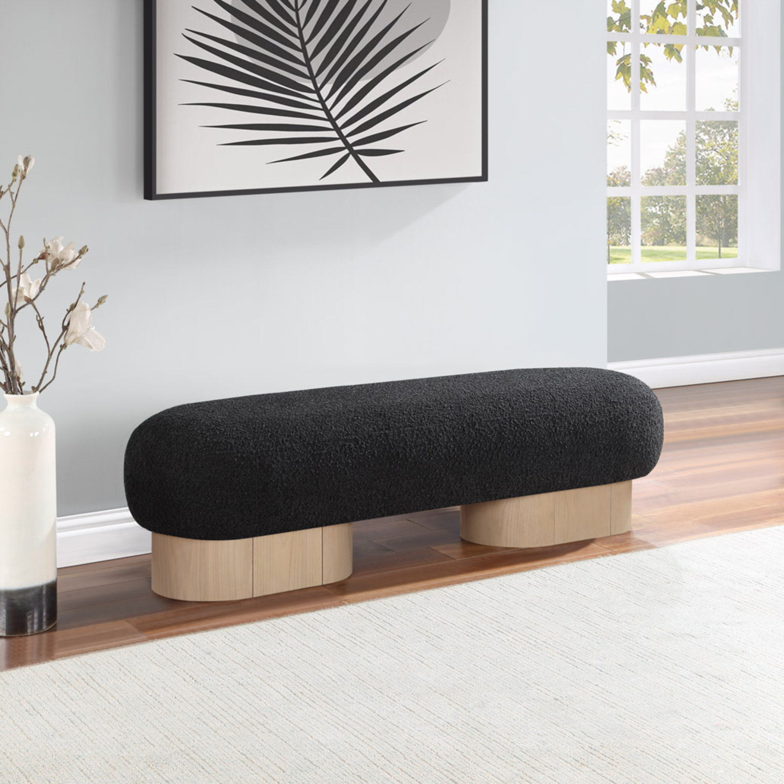 Denyer 61" Bedroom Bench, Black Boucle Fabric, Light Oak
