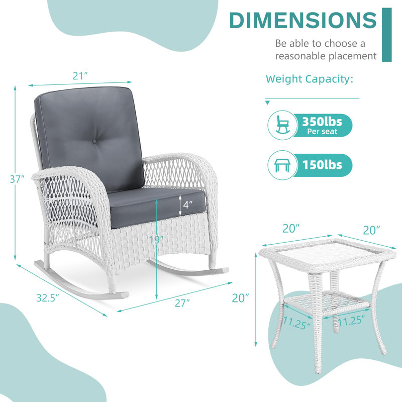 Bay Isle Home™ 3 Pieces Patio Conversation Set, Rattan Outdoor Rocking Patio Bistro Set With 2 Rockers And 1 Side Table With 4" Thick Cushions, Outdoor Furniture Set For Porch Backyard, White Wicker