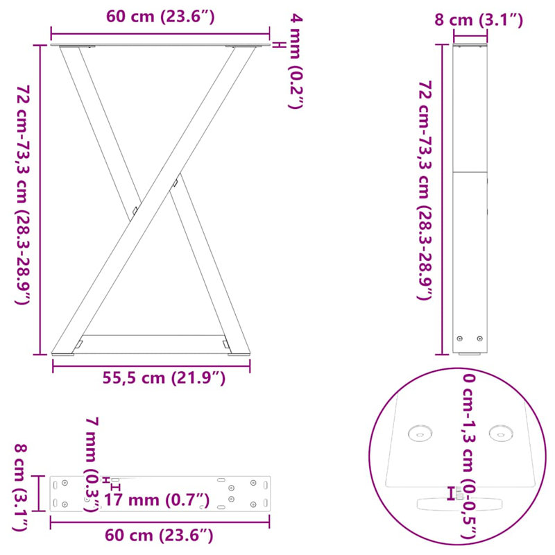  Pieds de table de salle à manger avec accoudoirs réglables en acier thermolaqué noir, H 28,9 po x l 23,6 po x P 3,1 po