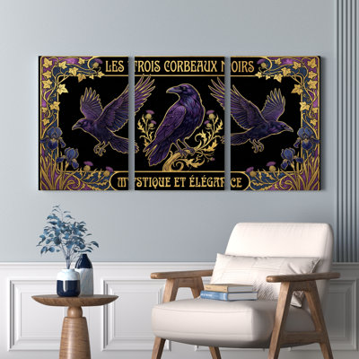 Three Black Ravens Artistic Pattern Canvas Wrapped Wall Art Set Of 3 For Living Room Bedroom Or Study Decor