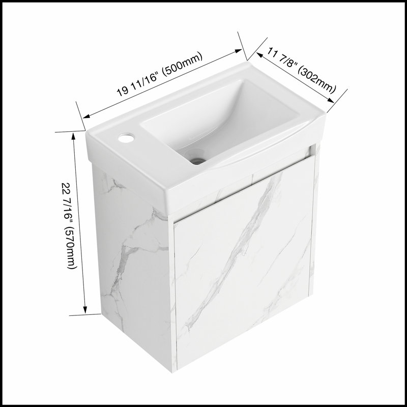 Meuble-lavabo mural de 20 pouces avec lavabo en céramique et armoire de rangement, combinant élégance et fonctionnalité pour les salles de bain modernes.