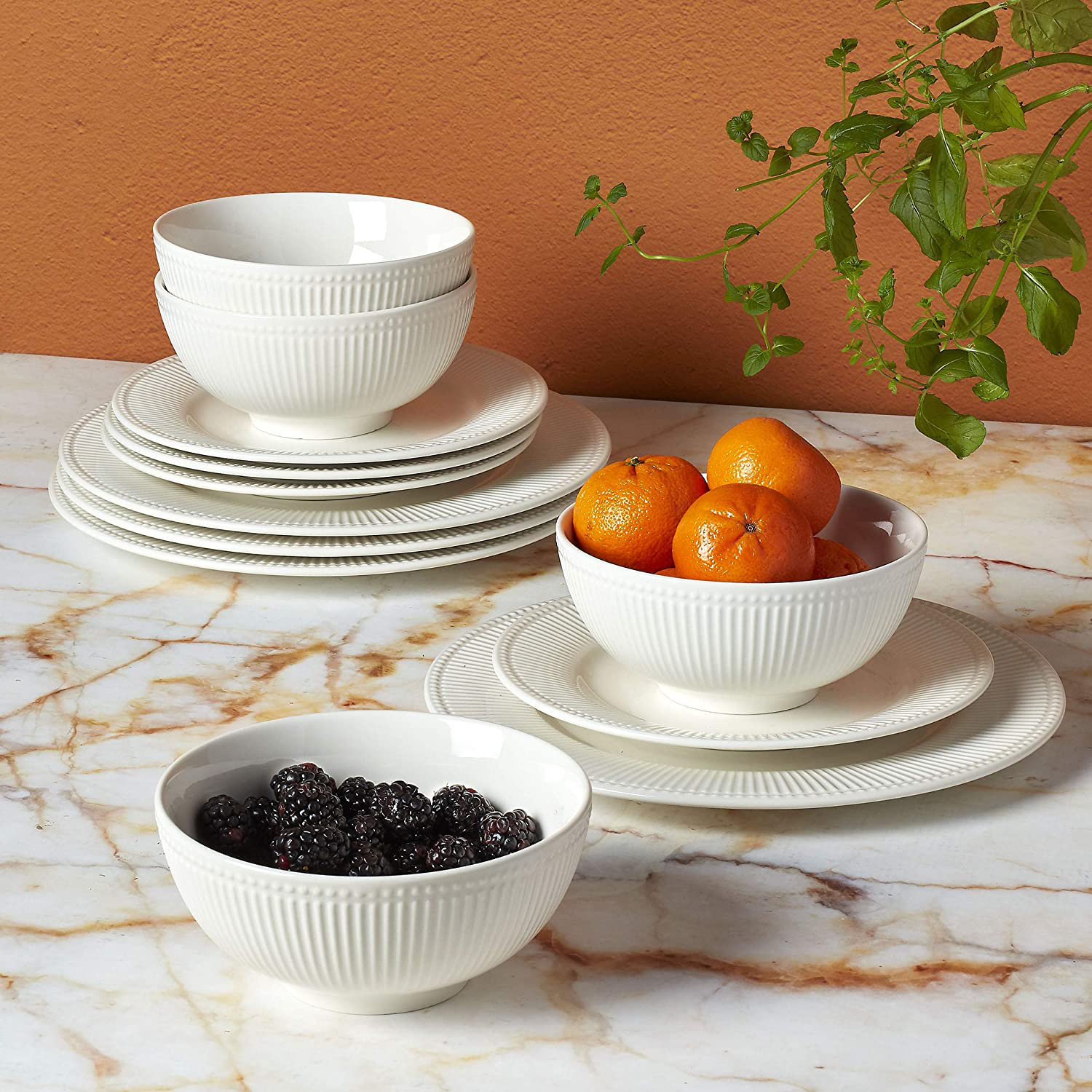 Tabletops Gallery Ivory Dinnerware 12 Piece Set Embossed Bone White ...