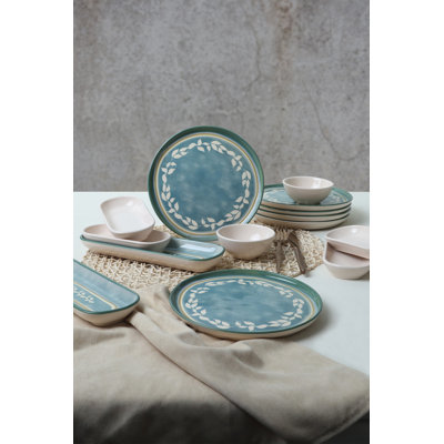 Ensemble de petit déjeuner 14 pièces, grès crème, antibactérien et écologique | Comprend (2) 10,2 plateaux, (2) 6,3 plateaux, (6) 8,7 assiettes à gâteau, (4) bols à sauce 5,1 | Facile à nettoyer, va au lave-vaisselle et au micro-ondes, conception durable