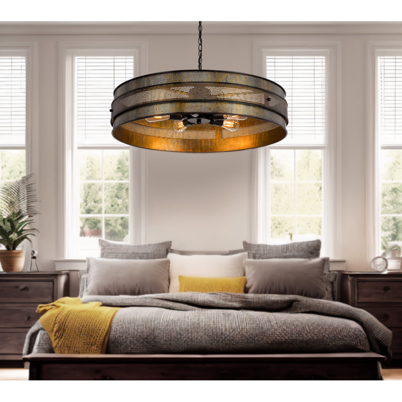 Lustre à tambour en métal bronze vieilli, 14 cm de hauteur, 5 lumières 60 W