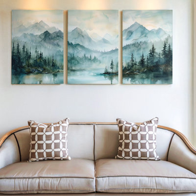 3 pièces d'art mural de paysage de montagne avec forêt sereine et lac, trois pièces d'art mural pour le salon, la chambre à coucher et le bureau