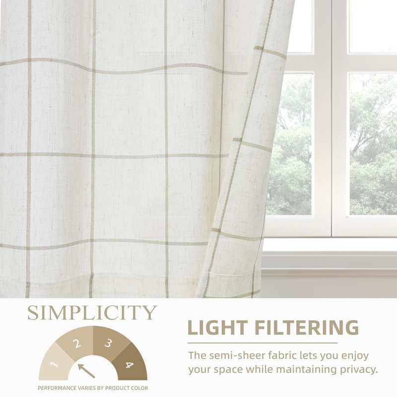 Windowpane Plaid Kitchen Curtains Kitchen Tier Linen Short Curtains Cafe Curtains, 26" W x 24" L, Tapue Plaid/Light Linen