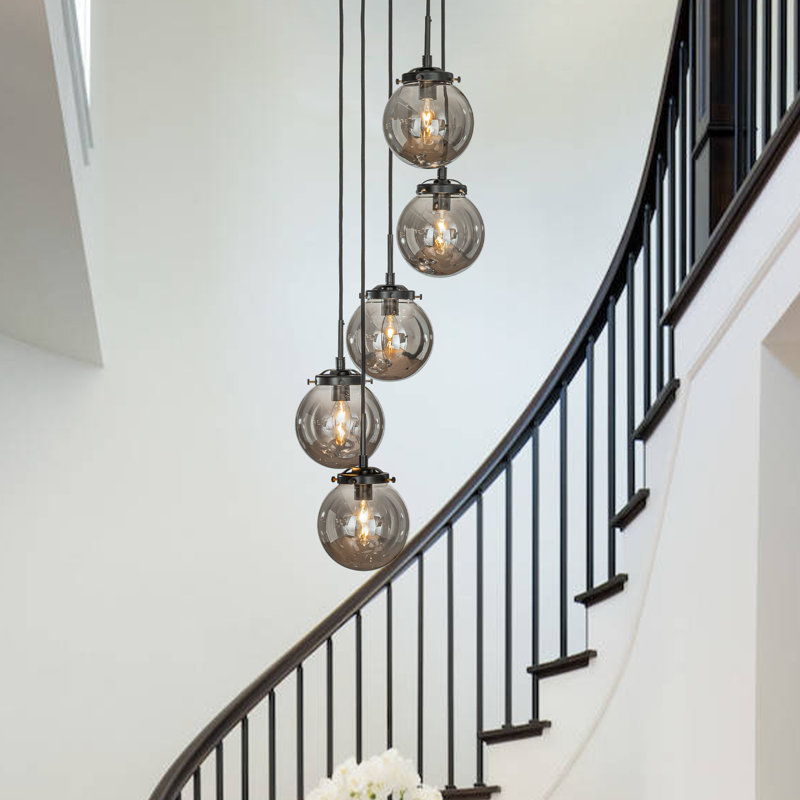 5-light Modern Globe Pendant Chandelier With Glass Shades For Stairwell Or Entryway, Matte Black, Gray