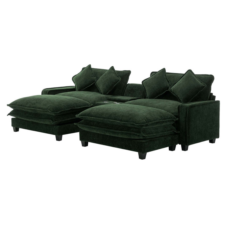 111" Sectional Sofa Chenille Upholstered Sofa with Two Removable Ottoman, Two USB Ports, Two Cup Holders and Large Storage Box for Living Room