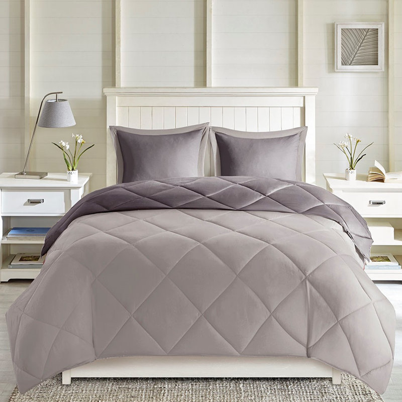 Édredon très grand King, 2 taies décoratives, gris réversible gris, sensation luxueuse