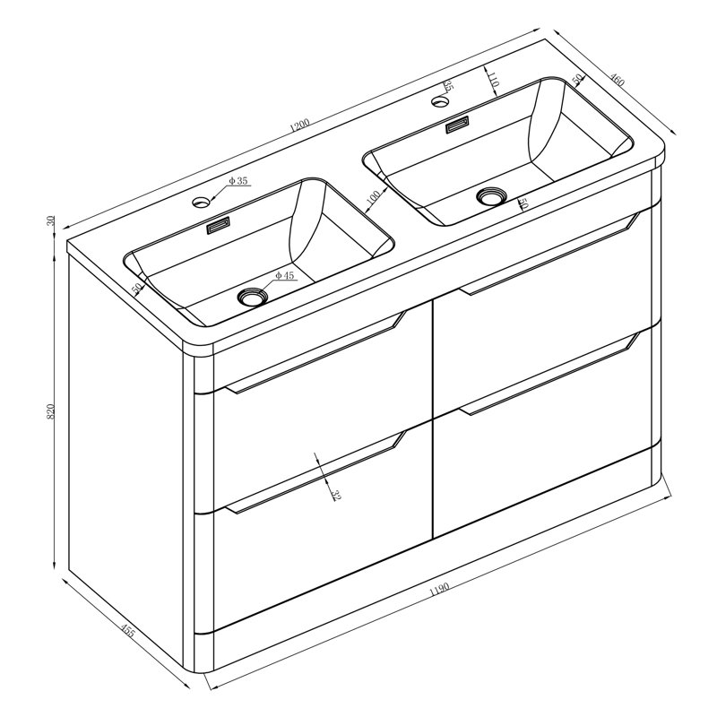 Eve 1200mm Double Bathroom Vanity with Integrated Polyglomerate Basin, Charcoal