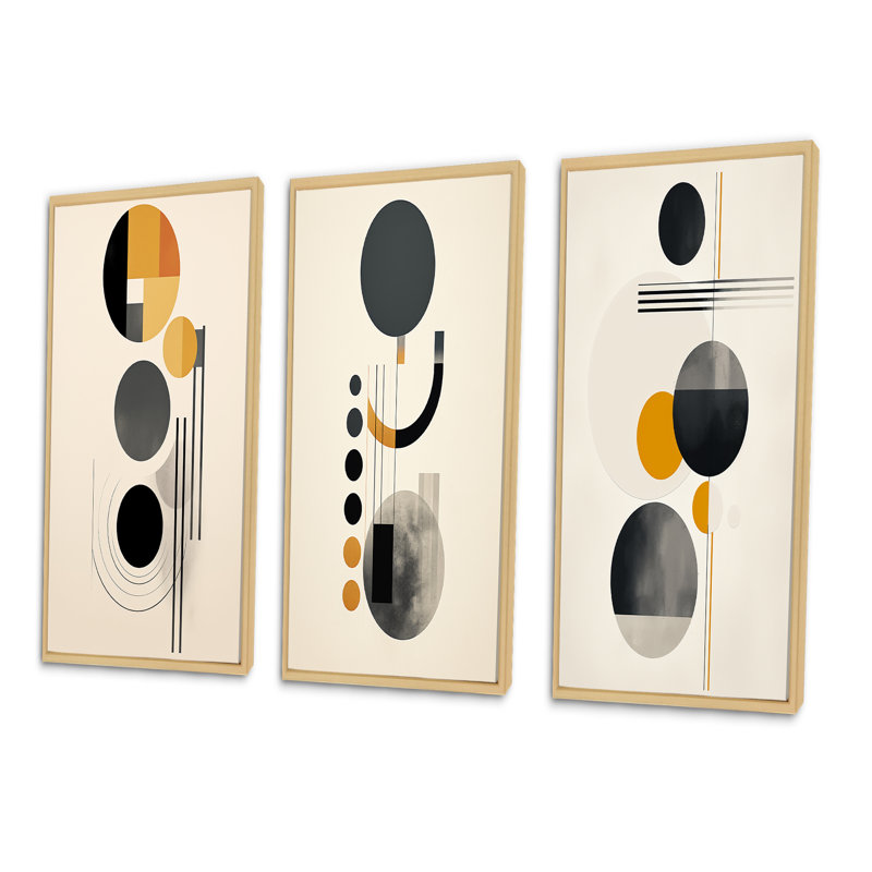«Minimal Circular Geometric Illustration I», 3 pièces sur toile, Cadre naturel flottant, H 40 po x l 60 po