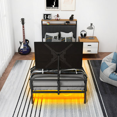 Gaming Bed With a Rotating TV Mount Suitable for 65 Inch TVS  And Metal Mesh Frame,Vented Console Storage, iron bed with Led and Powercoard