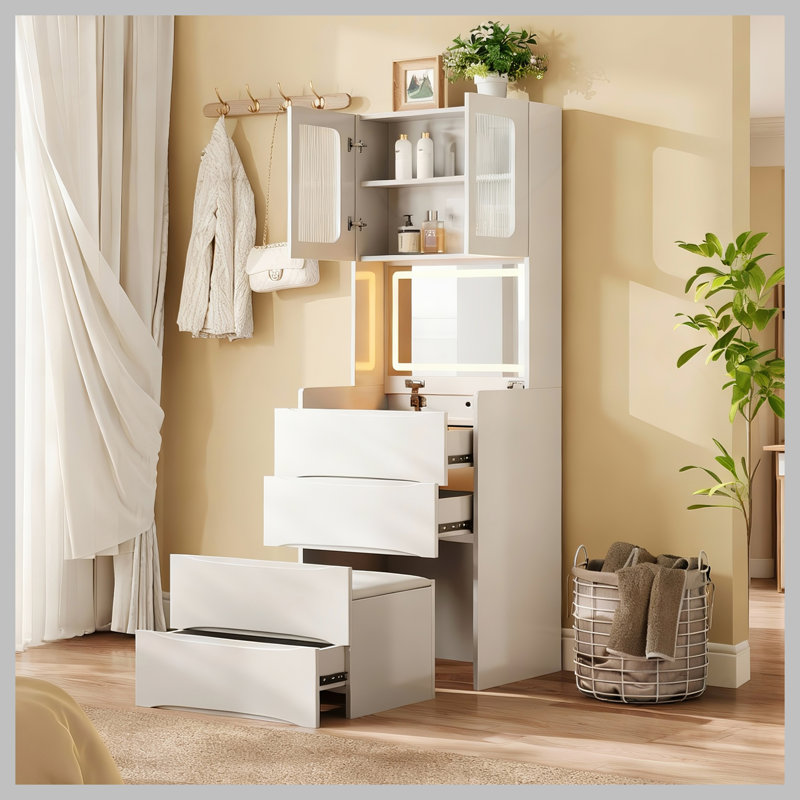3-in-1 Vanity Table with LED Mirror & Storage Stool, Flip Top Makeup Dressing Table with Adjustable Lights, 5 Storage Spaces Cosmetic Organizer for Bedroom