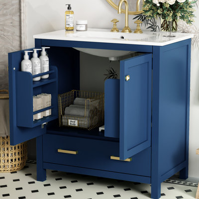 Meuble-lavabo bleu 30 po. Structure en bois massif, panneaux. Lavabo en céramique blanche. 2 portes, 1 tiroir de rangement. Rangement et combinaison silencieux. Lavabo simple avec espace. Design contemporain