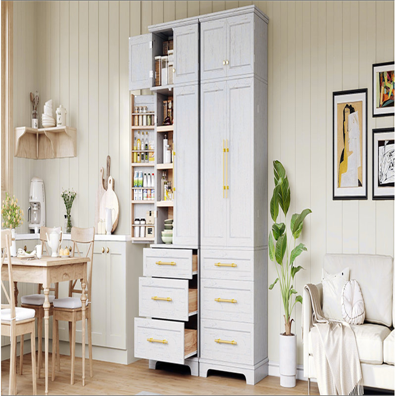 Armoire de cuisine de campagne de 78,2 po de hauteur avec 8 tablettes de porte, armoire de rangement avec 3 tablettes réglables, 3 grands tiroirs, armoire polyvalente pour la cuisine, la salle à manger et la salle de bain