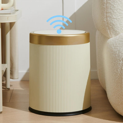 3.7 Gallon Motion Sensor Bathroom Trash Can With Lid，Automatic Waterproof Touchless Garbage Can, Smart Plastic Trash Bins Suitable For Toilet, Office, Bedroom, Kitchen (Cream White)