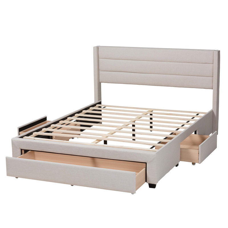 Upholstered Wingback Storage Bed, Queen, Beige