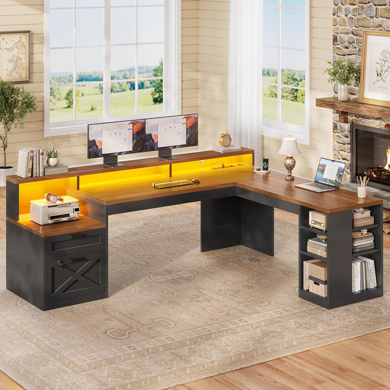 Barbarino 55" Farmhouse L Shaped Computer Desk Height Adjustable Corner Desk With Storage Drawers, Black