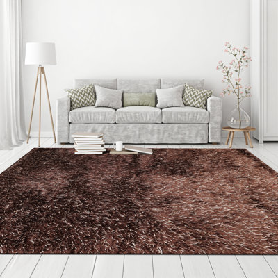 Tapis multicolore en polyester à poils longs fabriqué à la main chocolat, blanc