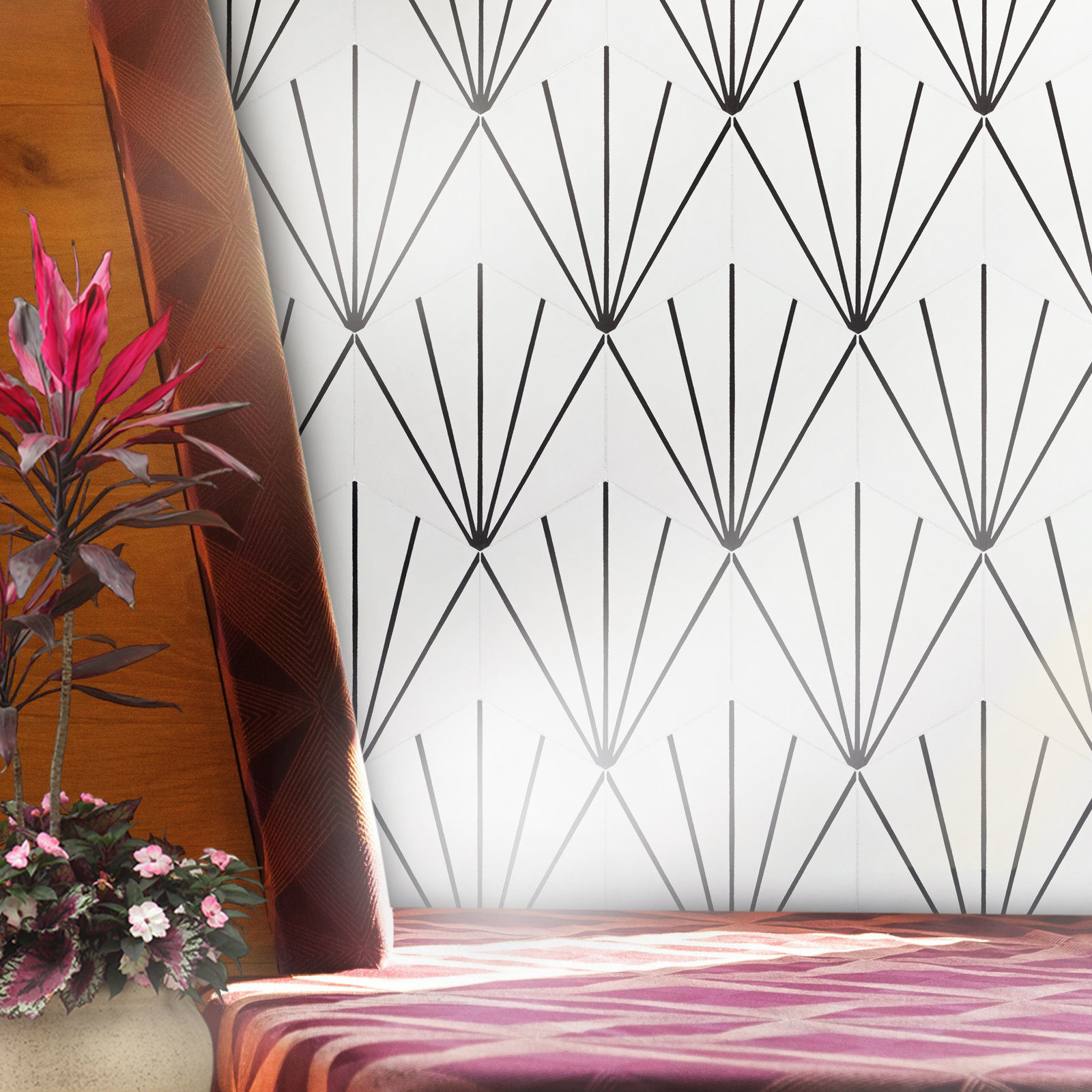 Menara 8" x 9" Cement Patterned Tile, Off White/Black