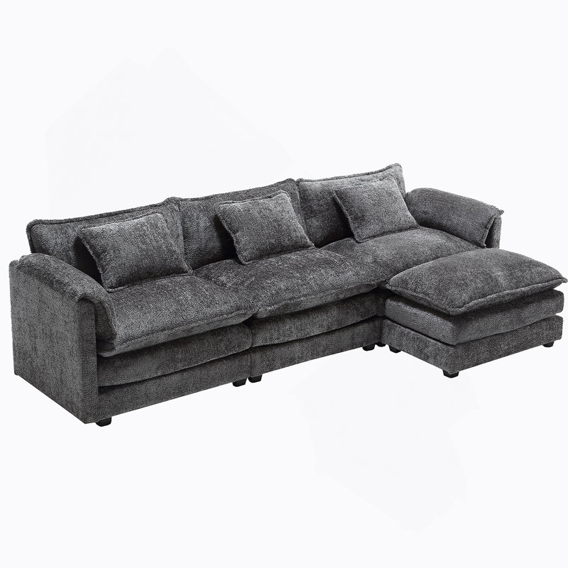 Millan 112" L Shaped Modular Sectional Sofa with Ottoman & Memory Foam, Gray Chenille