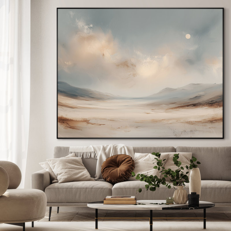 Très grande reproduction d'art sur toile - Horizon du désert neutre et doux avec des nuages chauds, décoration pour le salon ou la chambre à coucher - «Assemblage requis du cadre (cadre non fini)»