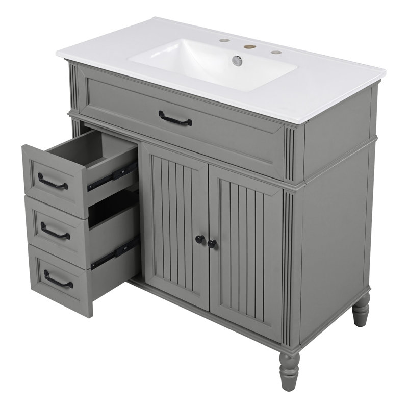 Meuble-lavabo de 36 po avec lavabo, fabrication en bois massif, planche, charnières en métal, rangement spacieux, tiroirs à fermeture en douceur, pour la plomberie