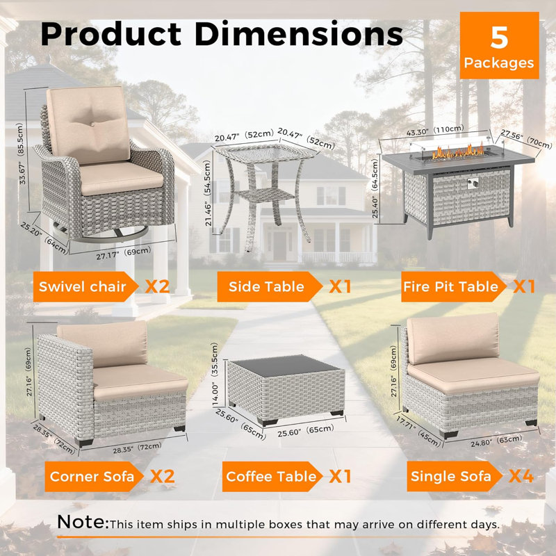 8 - Person Outdoor Rattan Furniture Patio Set with Fire Pit Table, Beige