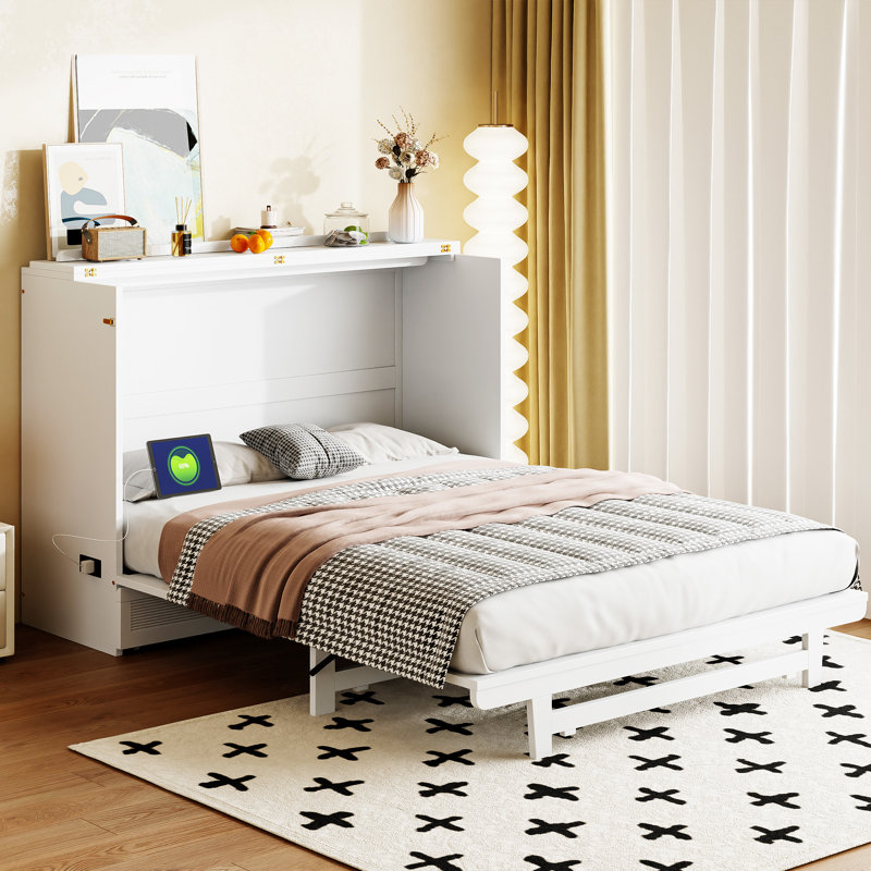 Murphy Bed With Large Drawer, White, Queen