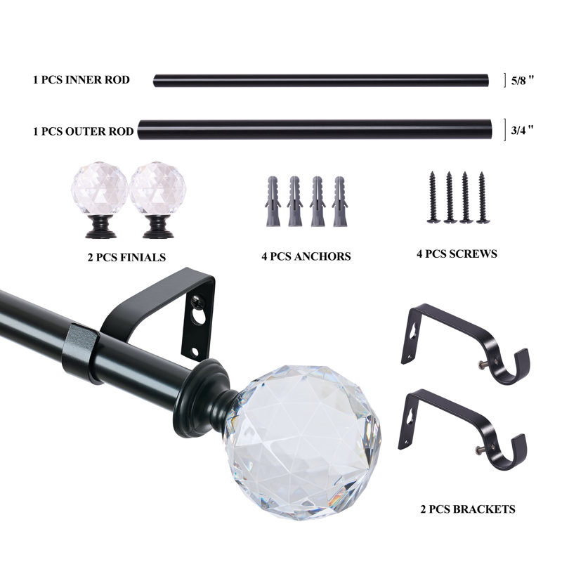 Marun Adjustable Overall Width x 0.75'' Diameter Single Curtain Rod, 28" - 48", Black