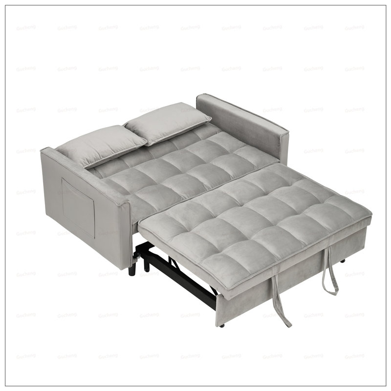 Modern Velvet Loveseat Futon Sofa with Reclining Backrest, Toss Pillows, Pockets, and Convertible Sleeper Function for Living Room