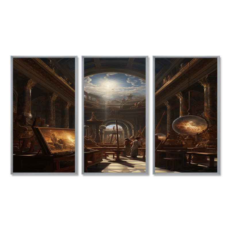 Divine lumière de la sagesse, bibliothèque ancienne, ensemble d'art mural paysage, Encadrement argenté