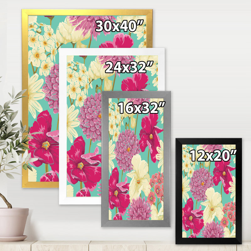 " Vintage Pink And Yellow Flowers " Painting Print, Black Framed, 32" H x 16" W x 1" D