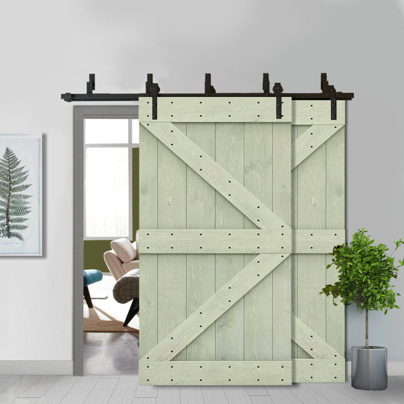 Porte de grange à panneaux et en bois avec quincaillerie d'installation, Vert sauge, 80 po x 84 po