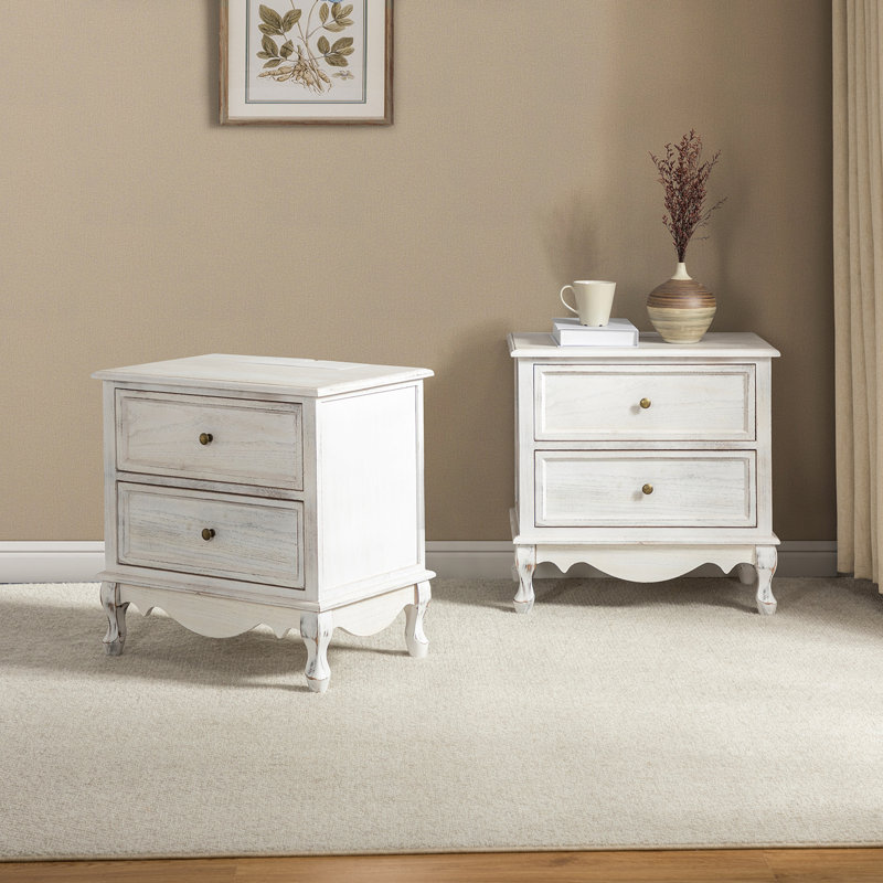 Lundgren Transitional 24'' Tall 2 - Drawer End table with Wood Legs and Charging Station Space , White