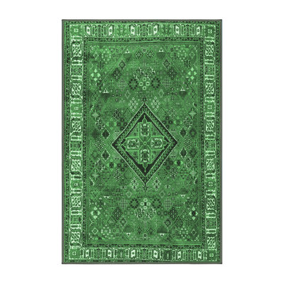 Tapis oriental en laine / polyester tissé à la machine en vert / noir