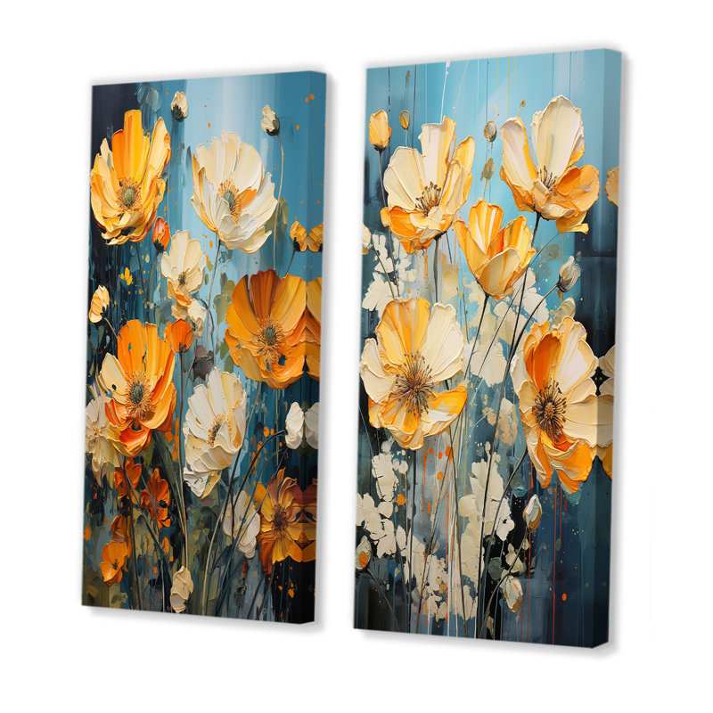 «Buttercups Burst With Fierce Brushwork» - Ensemble de 2 impressions sur toile Buttercups, Toile tendue, H 28 po x l 25 po