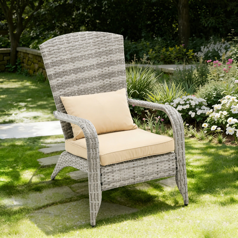 Wicker Rattan Adirondack Outdoor Chair – Weather-Resistant Garden Patio Lounge Chair with Cushion – Classic Relaxing Deck Seating