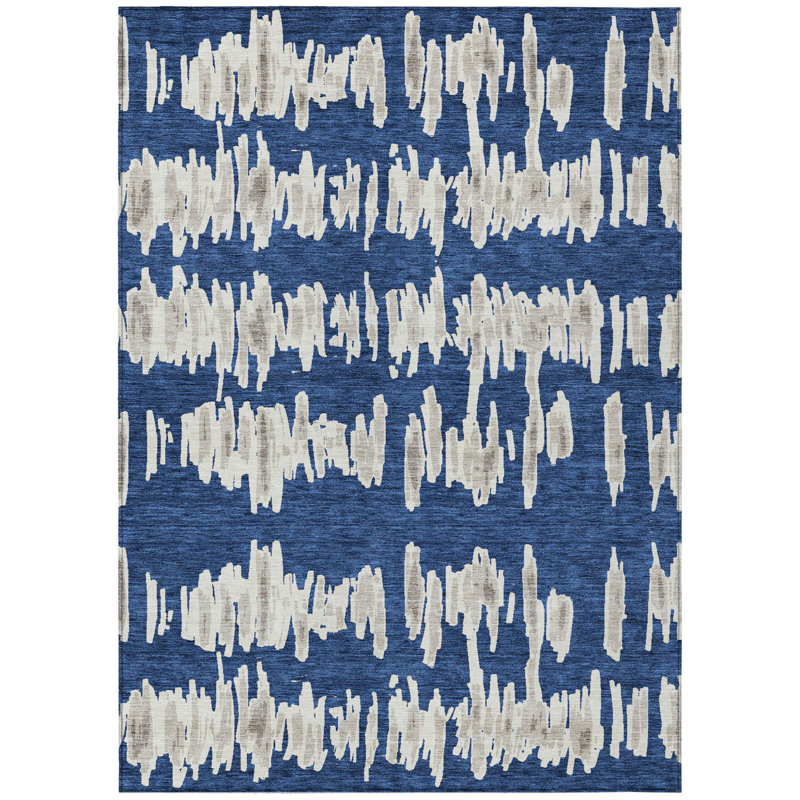 3' X 5' Navy Blue Gray And Ivory Striped Washable Indoor Outdoor Area Rug