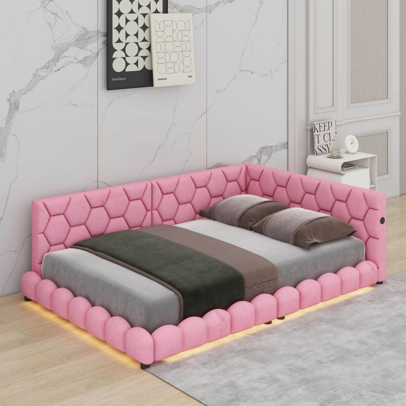 Lit plateforme tapissier double avec ports USB et DEL, Rose