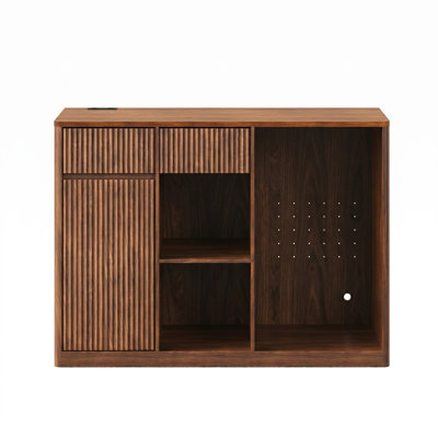 52'' Fridge Cabinet with Power Outlet, Fluted Coffee Bar Cabinet with Drawers, Adjustable Shelves and Refrigerator Space