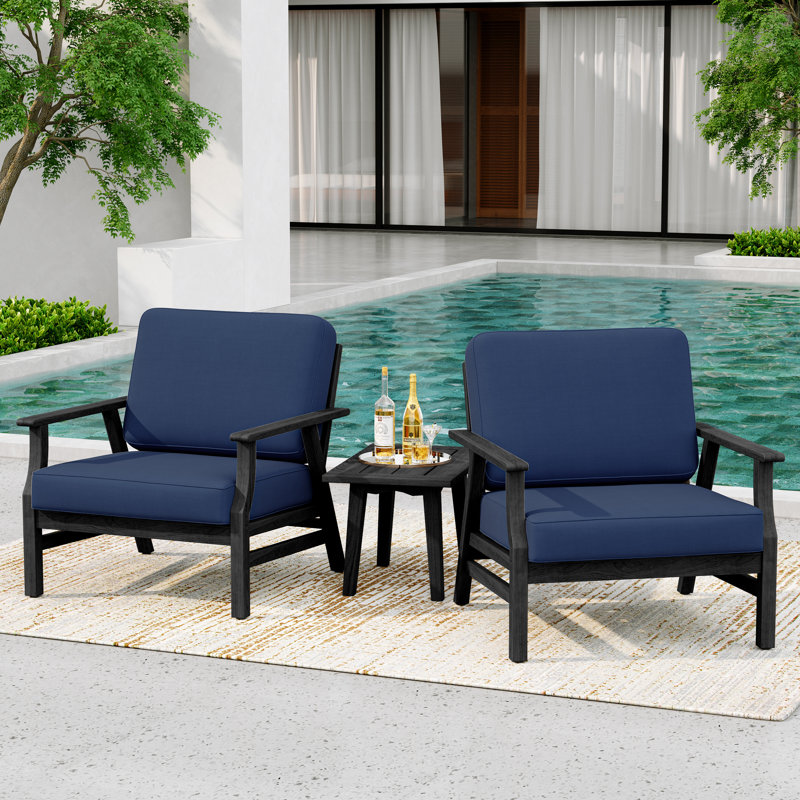 Shweta Solid Wood Outdoor Three Pieces Chair Conversation Seating Group With Cushions And Side Table, Navy, Black