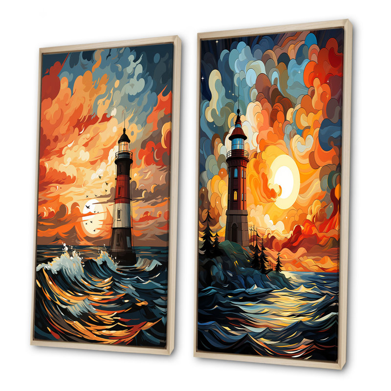 «Coastal Stormy Sunset Lighthouse Breeze I», ensemble de 2 reproductions d'art sur toile, Encadrement brun, H 28 po x l 25 po